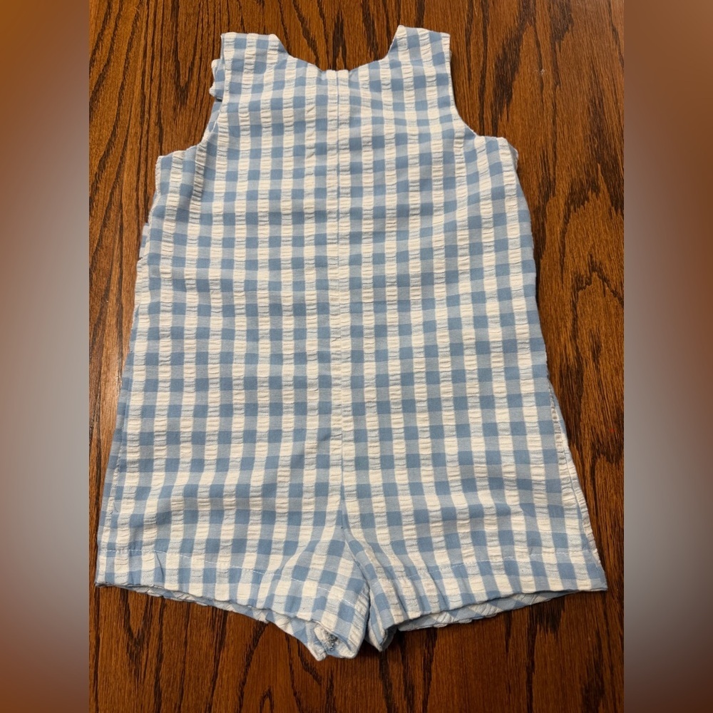 P.A. Kids Blue White Check Embroidered Sailboat Sleeveless Shortall 24m Snaps - Picture 2 of 8